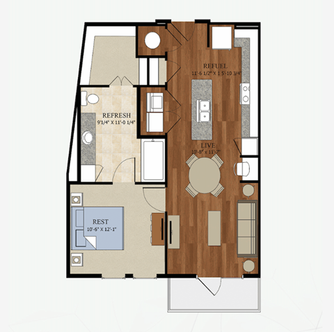 Floor plan for 1 bed, 1 bath, 732 sqft